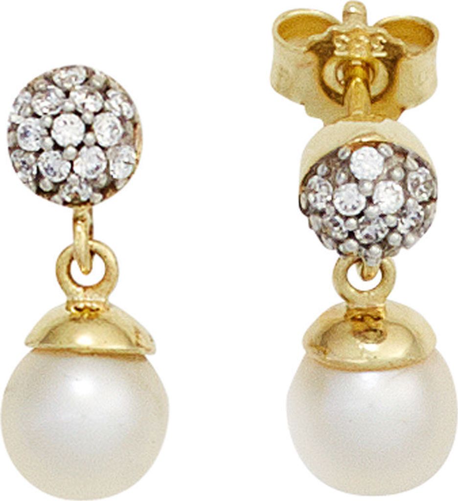 Ohrringe Ohrhänger mit Süßwasser Perlen & Zirkonia weiß 333 Gold Gelbgold Damen