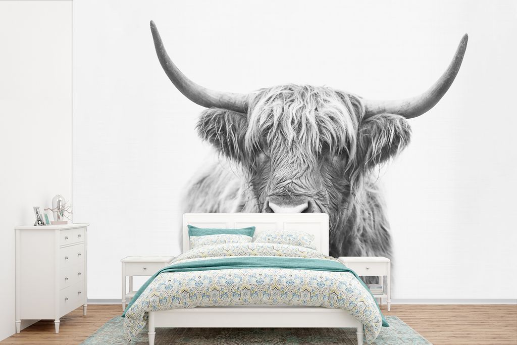 MuchoWow Fototapete für Wohnzimmer oder Schlafzimmer Wandtapete Vinyl Motivtapete Schottischer Highlander - Tiere - Hörner - Schwarz und weiß ...