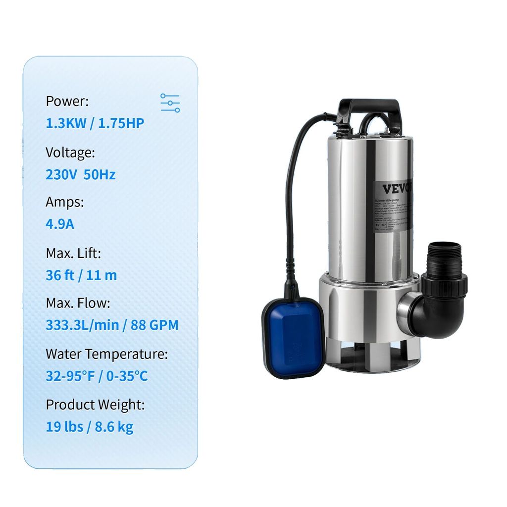 Abwasserpumpe, Kupfermotor, Schwimmerschalter, 1300W 1,75PS