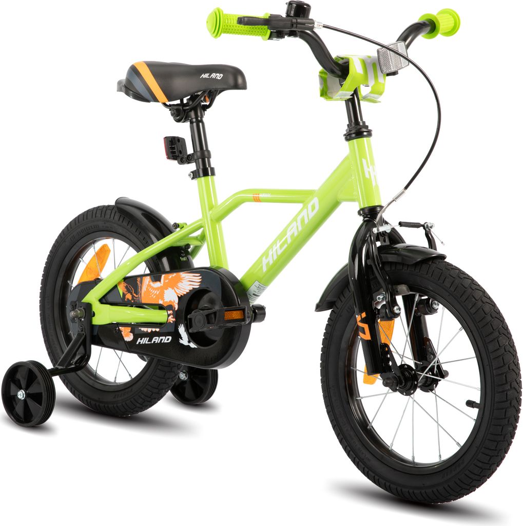 HILAND 12 Zoll Kinderfahrrad mit Stützrädern Handbremse Rücktrittbremse, für Jungen ab 2 3 4 5 Jahre, Grün