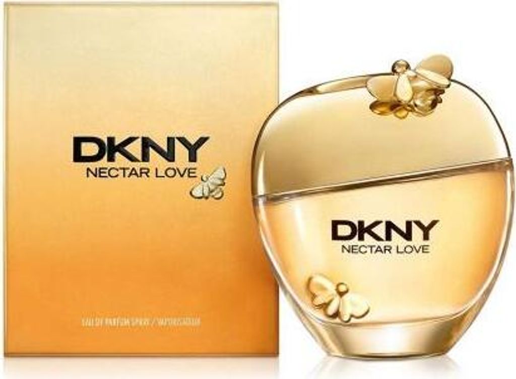 A bottle of DKNY Nectar Love perfume and its packaging are displayed against a white background.