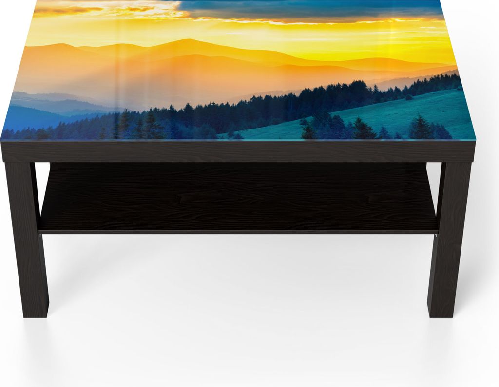 DEQORI Couchtisch 90x55 cm Schwarz 'Sonnenuntergang in Bergen' Glas Beistelltisch