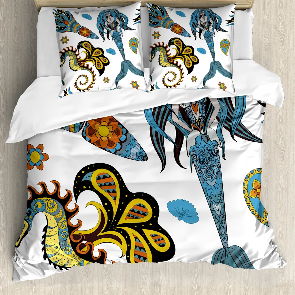 Housse de couette 200x200 pour chambre d'enfant motif sirène et marin