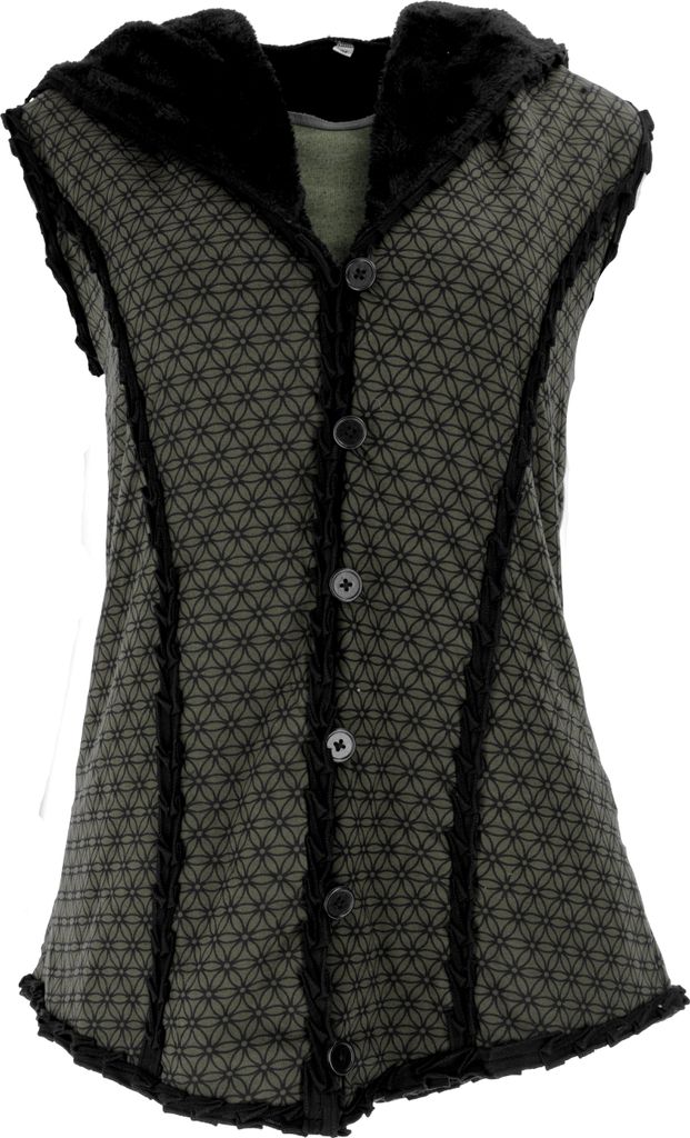 Goa Weste mit Weiter, Flauschiger Kapuze `Flower of Life` - Olive, Damen, Grün, Baumwolle, Größe: XL
