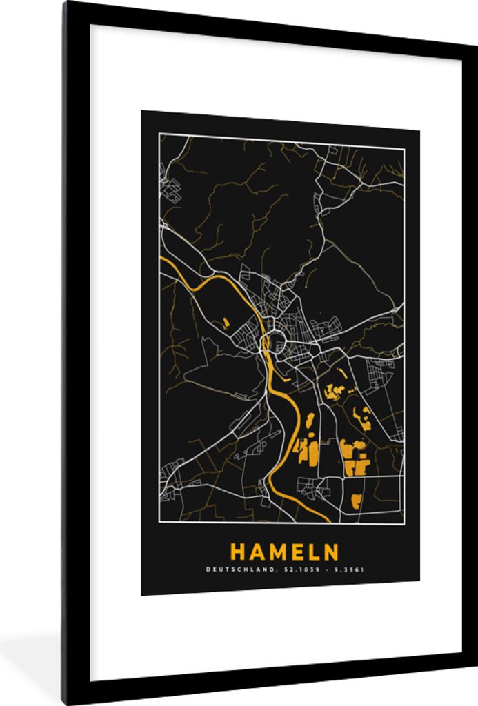 MuchoWow Gerahmtes Poster Deutschland - Schwarz und Gold - Hameln - Stadtplan - Karte 60x90 cm - Poster mit Schwarzem Bilderrahmen Wandposter Rah...