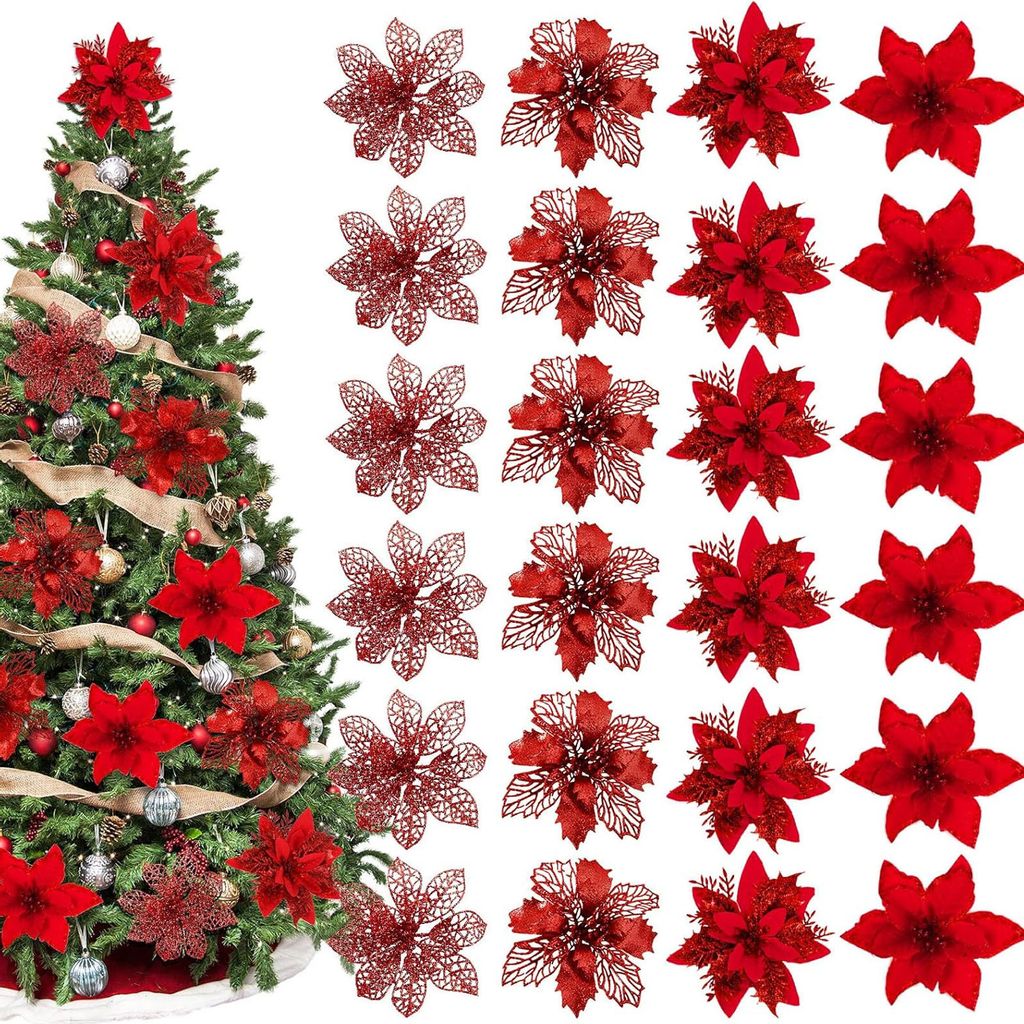 24 Stück Weihnachtssterne, rote Glitzer-Kunstblumen mit 24 Clips für Kranz, Weihnachtsbaumschmuck, Hochzeitsfeier-Dekoration