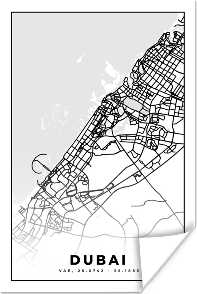MuchoWow Poster Dubai - Karte - Stadtplan - Schwarz und weiß 60x90 cm - Wanddekoration