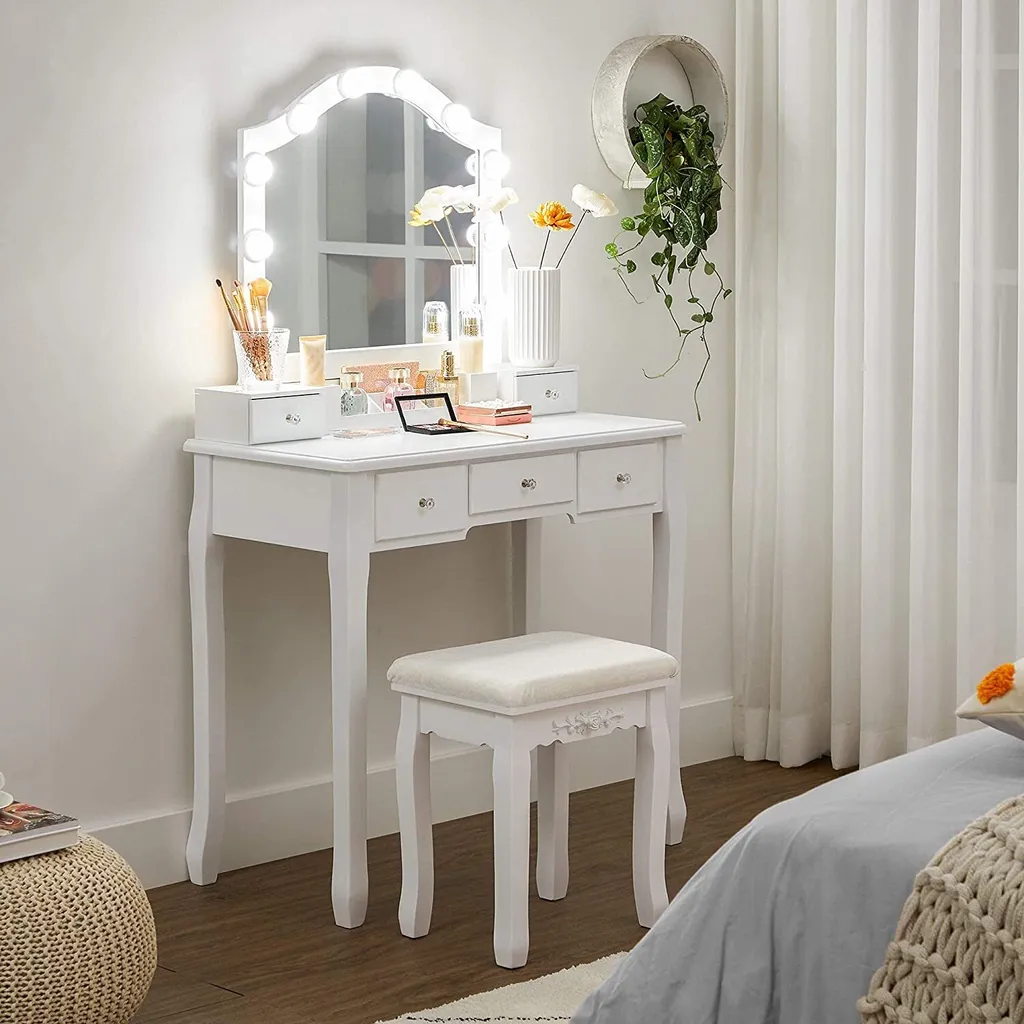 Table Coiffeuse Blanche avec Miroir et Tabouret pour Chambre ou Dressing
