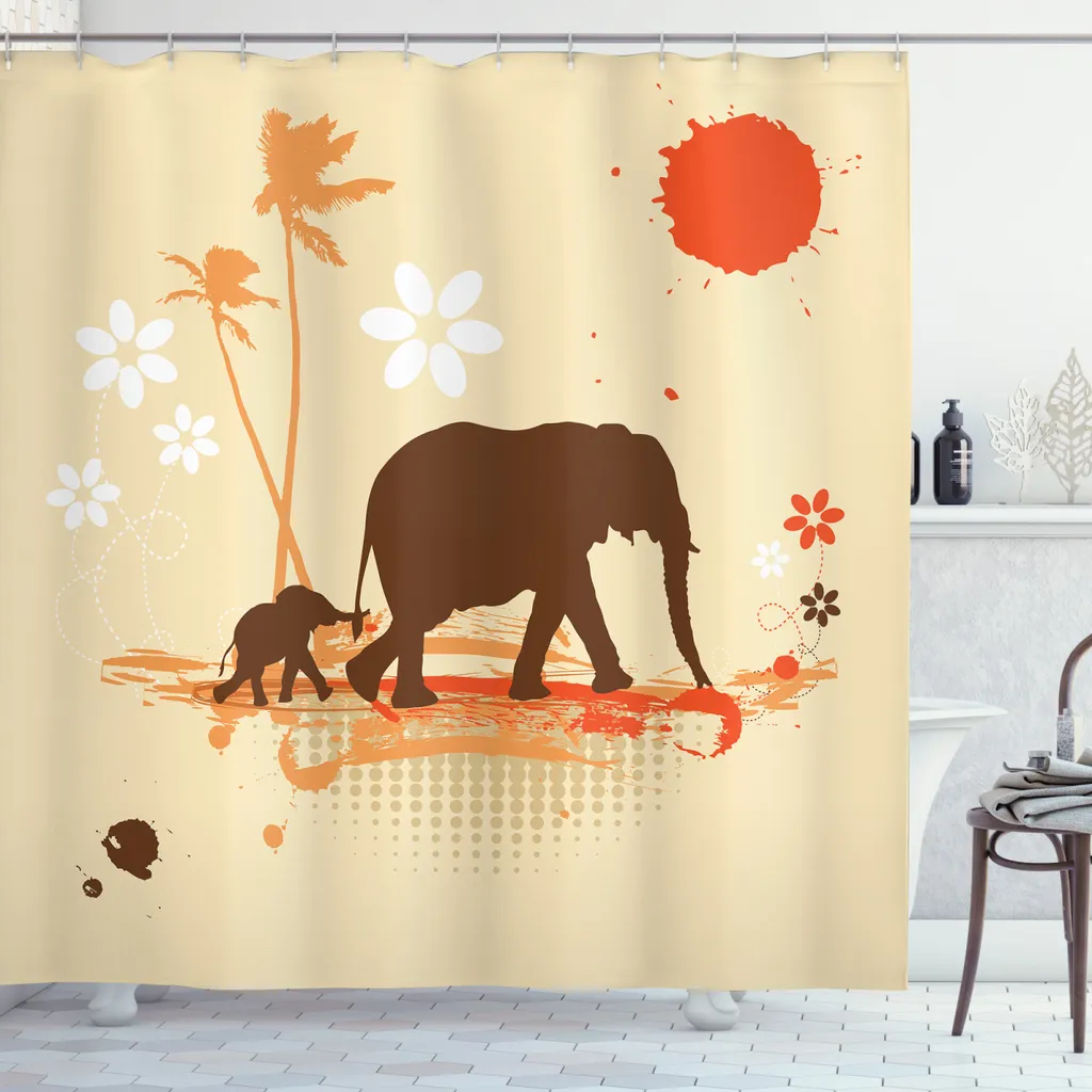 ABAKUHAUS Tenda da doccia Elefante, Safari Paesi tropicali, resistente a batteri e muffe, incl. 12 ganci Lavabile Elegante stampa digitale, 175 x 180 cm, arancione marrone crema