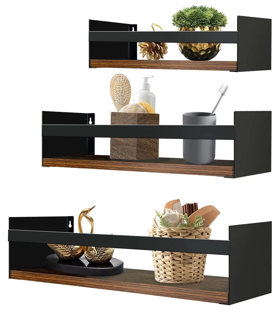 Étagère murale bois et noir, set de 3 tablettes flottantes polyvalentes