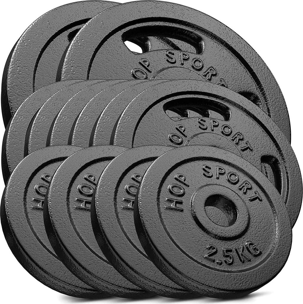 Hop-Sport 60 kg Hantelscheiben-Set 2x10kg + 6x5kg + 4x2.5kg 30/31mm Gripper Gusseisen Gewichte Hanteln