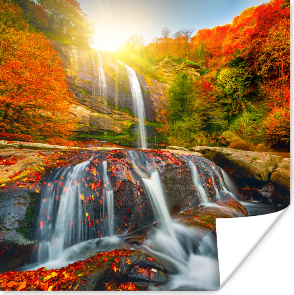MuchoWow Poster Wasserfall - Natur - Herbst - Rot - Wasser 75x75 cm - Wand Dekoration