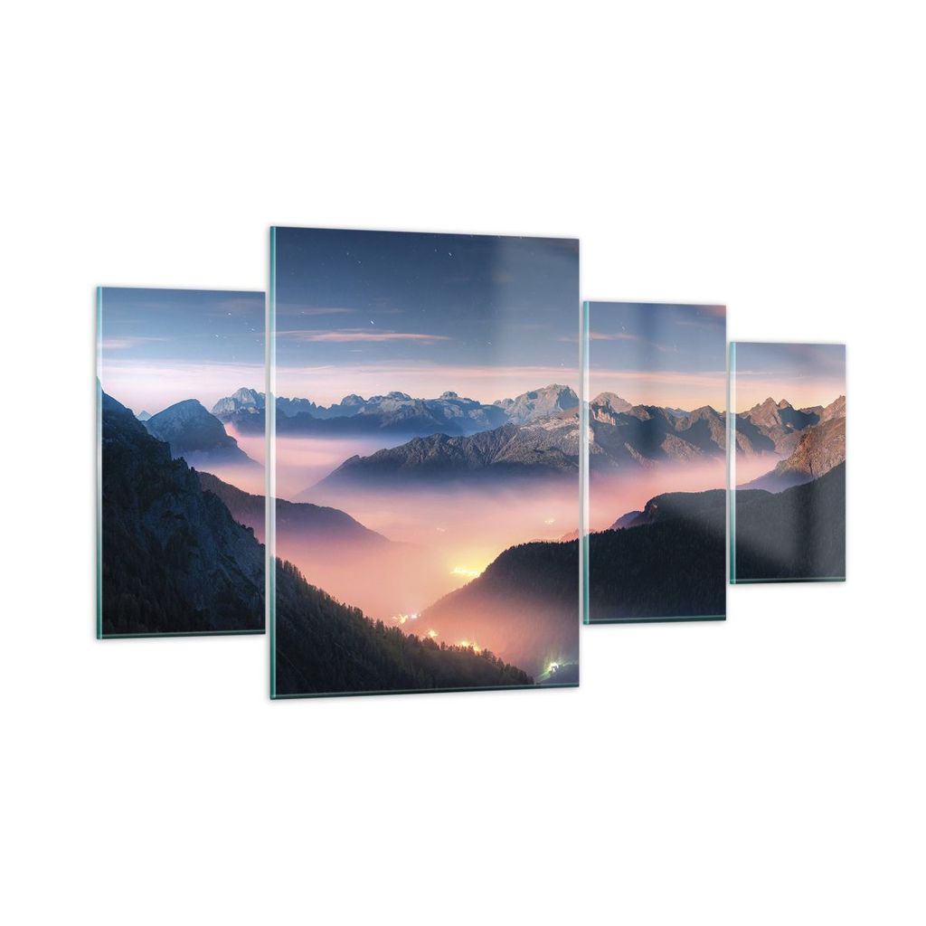 Bilder auf glas - 4 Teile - Berge Wolken Nebel - 160x90cm - Glasbilder - Wandbilder - Bilder - zum Aufhängen bereit - Wanddekoration aus Glas - Gl...
