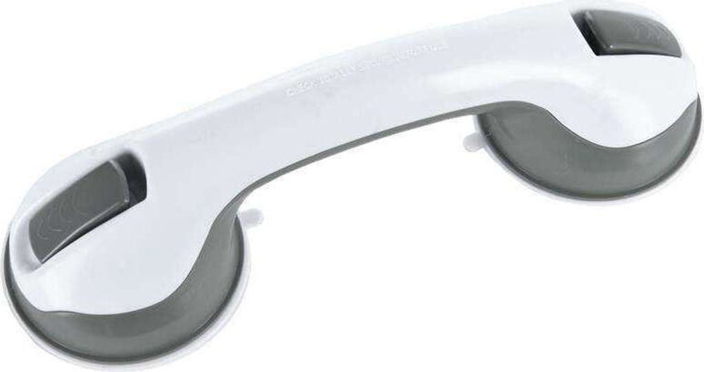 A white and gray suction cup grab bar for a bathroom.