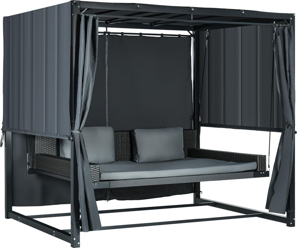 Outdoor-Schaukelbett aus PE-Rattan mit Baldachin, inkl. Kissen, wetterbeständig, 235 cm x 180 cm x 210 cm, Grau