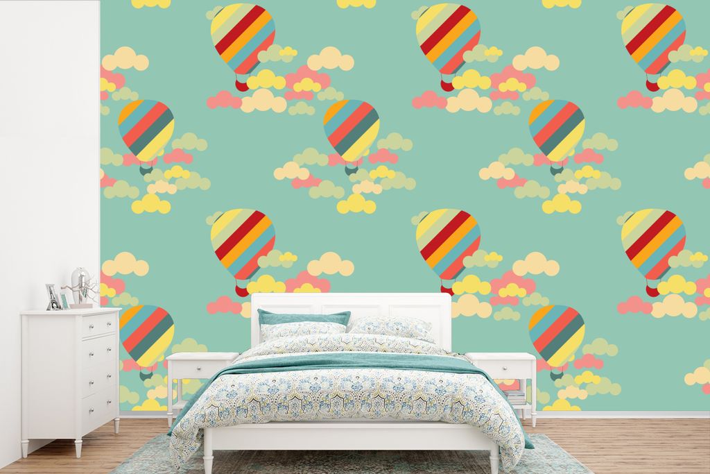 MuchoWow Fototapete für Wohnzimmer oder Schlafzimmer Wandtapete Vinyl Motivtapete Heißluftballon - Schnittmuster - Baby - 525x350 cm - Das Hint...