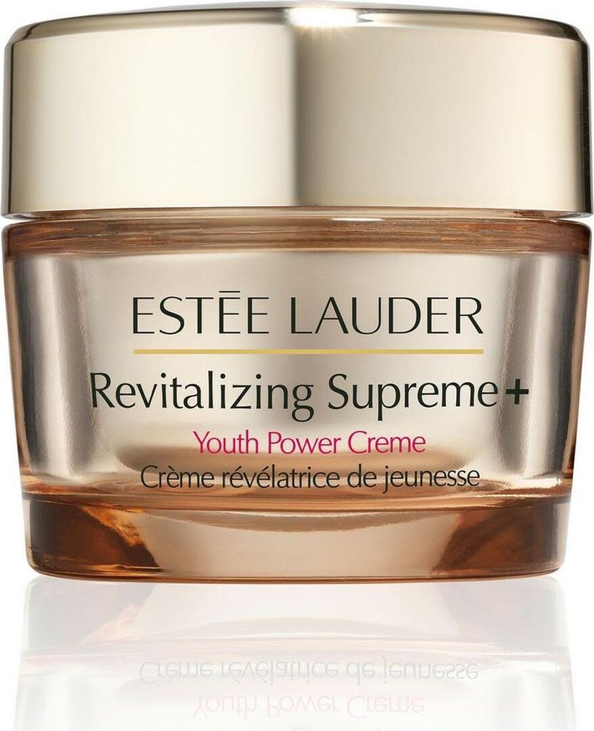A close-up studio shot of a jar of Estee Lauder Revitalizing Supreme+ Youth Power Cream.