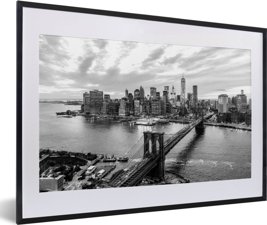 MuchoWow MuchoWow Gerahmtes Poster New York - Brooklyn - Brücke - Schwarz - Weiß 60x40 cm - Poster mit zchwarzem Bilderrahmen - Schlafzimmer ...