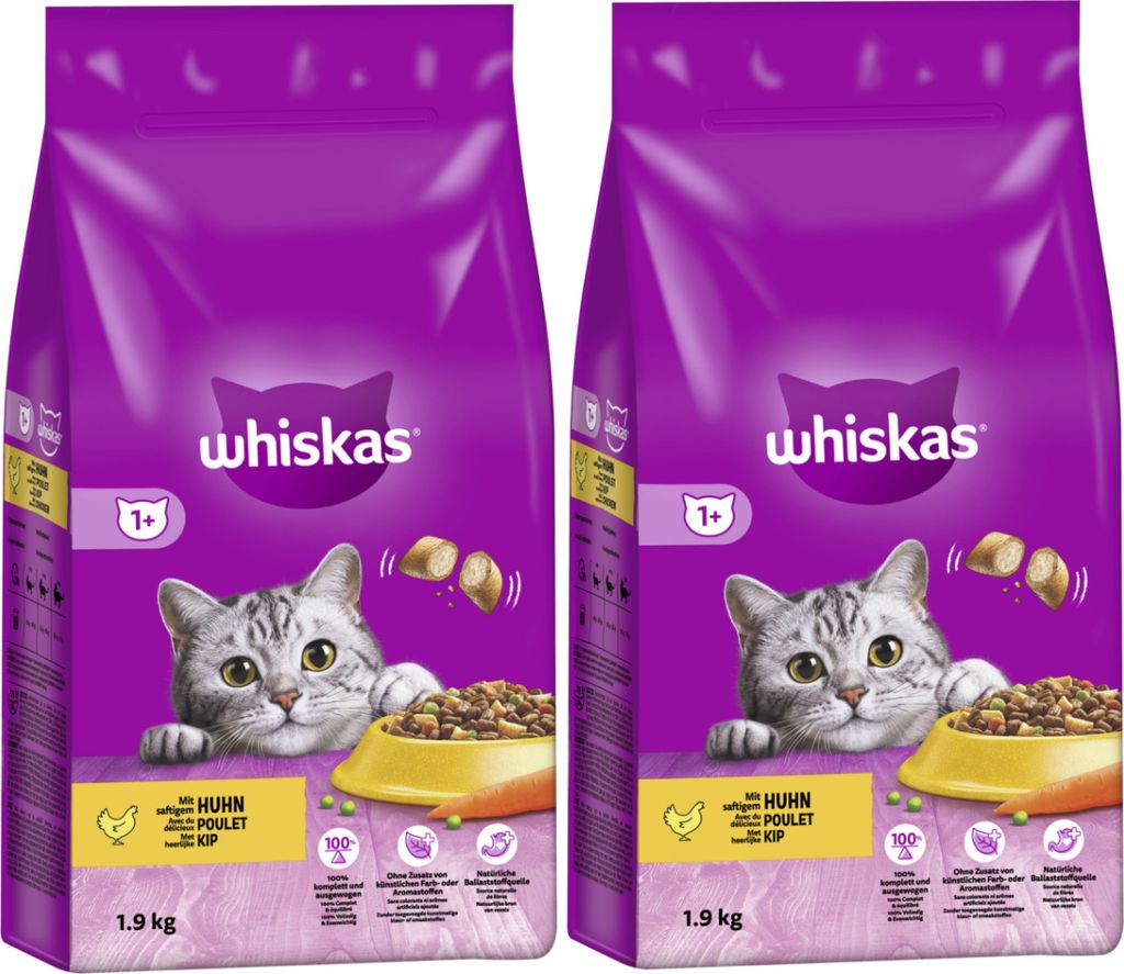 WHISKAS® Beutel Trocken Adult 1+ mit Huhn 2 x 1,9kg Produktbild 