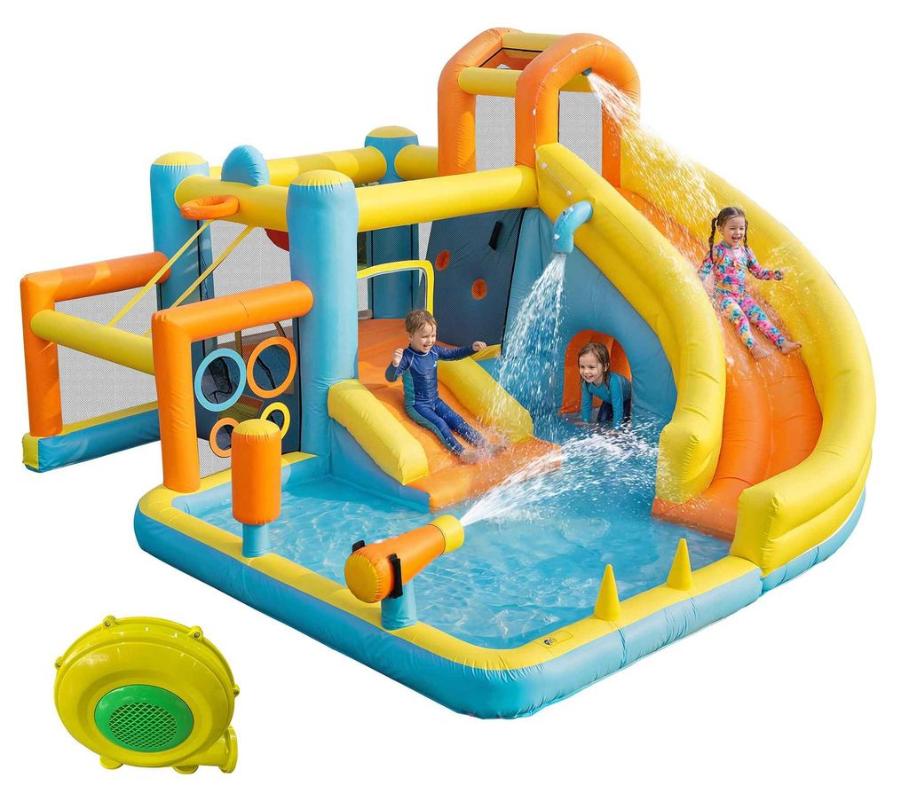 Zimilo Kinder Hüpfburg Wasserpark mit Rutsche, Pool & Wasserpistolen, Aufblasbare Spielburg mit Trampolin, Basketballkorb & Gebläse, 405x416x218 cm