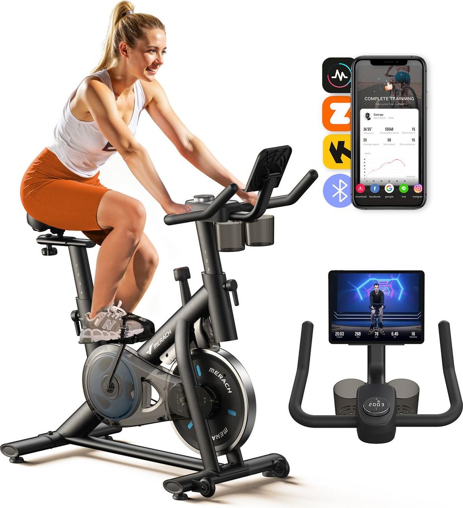 Leises Heimtrainer Fahrrad LED-Monitor, Bluetooth & App, verstellbarer Sitz & Widerstand, Tablet- & Flaschenhalter, bis 136 kg, Fitnessbike Zuhause