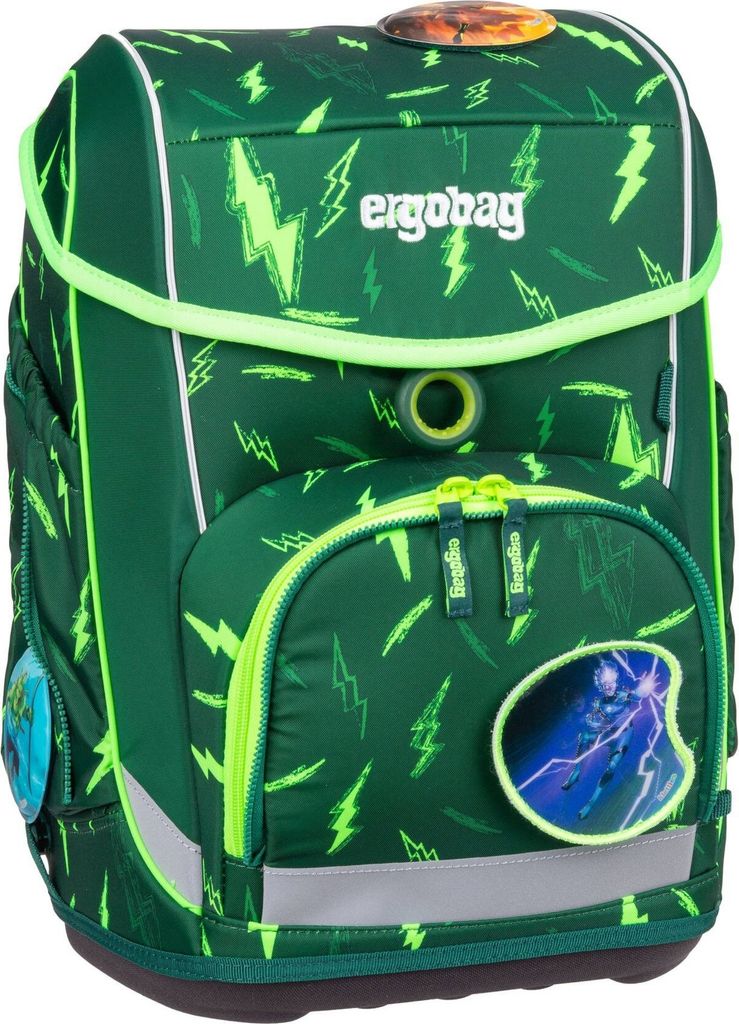 A green ergobag backpack with a lightning bolt pattern.
