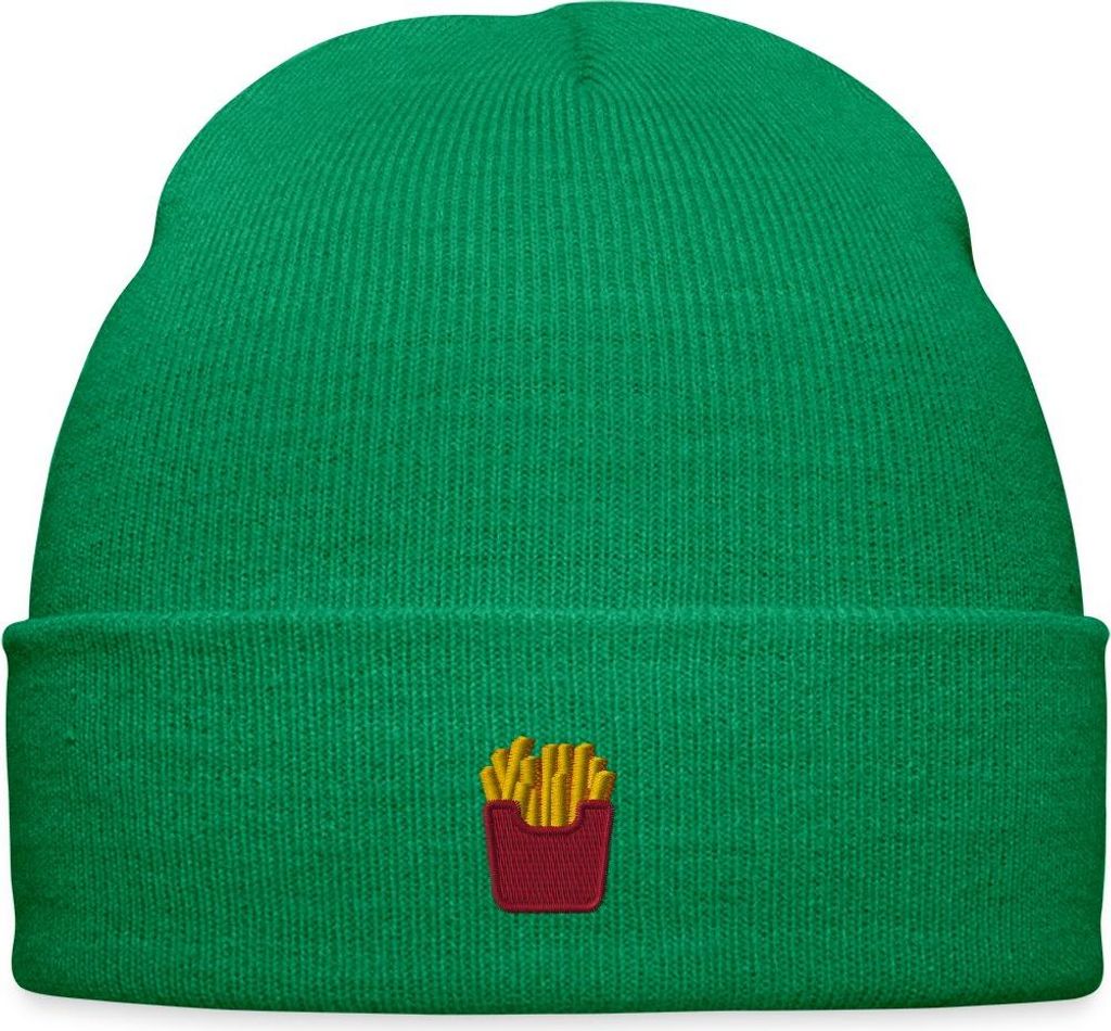 Spreadshirt Stickmotiv Pommes in Rotem Fizzer Beutel Bestickte Wintermütze, One size, Kelly Green