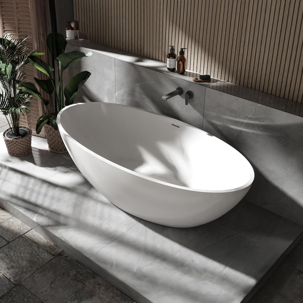 Freistehende Badewanne RIO STONE - Mineralguss - Weiß - 180 x 85 x 52 cm - Oberfläche wählbar, Ausführung:Glänzend