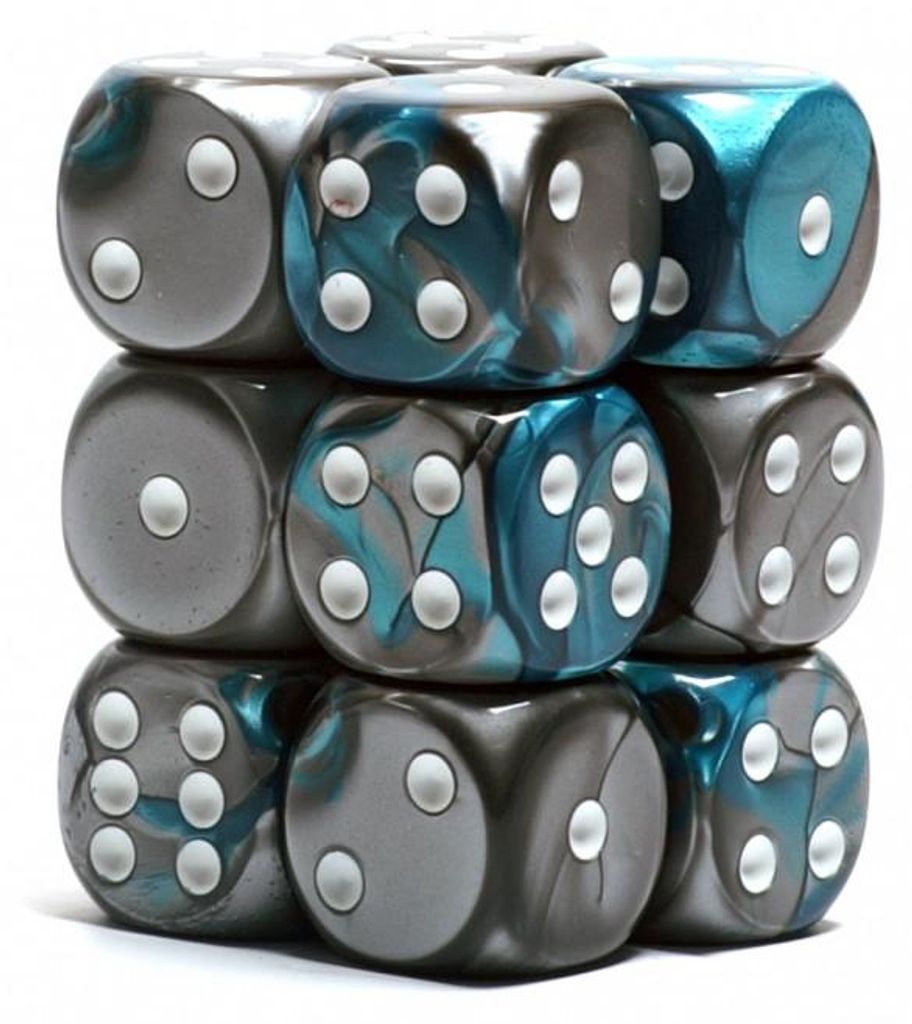 Chessex Gemini Stahl-Teal/weiß D6 16mm Würfel Set 12 Stück