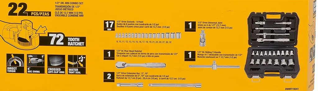Coffret de douilles et cliquet 1/2 pouce DEWALT 22 pièces pour la mécanique