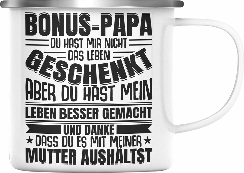 Trendation - Stiefvater Geschenk Emaille Tasse Vatertag Lustiger Spruch Bonus Geschenkidee Stiefpapa (Silber)