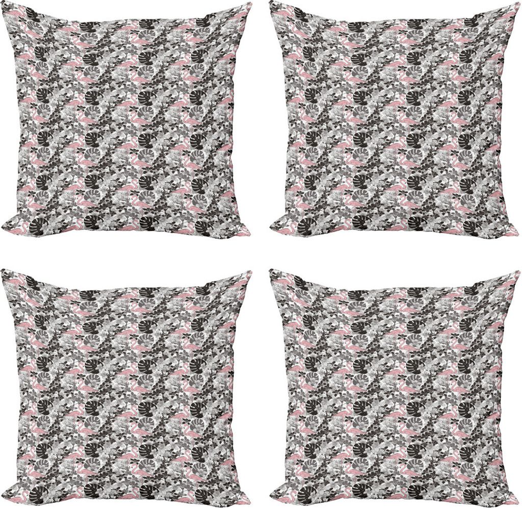 ABAKUHAUS Flamingo Kissenbezug Set (4 Stück), Orchid Palm, Moderner Doppelseitiger Digitaldruck, 60 cm x 60 cm, Coral Schwarz Grau