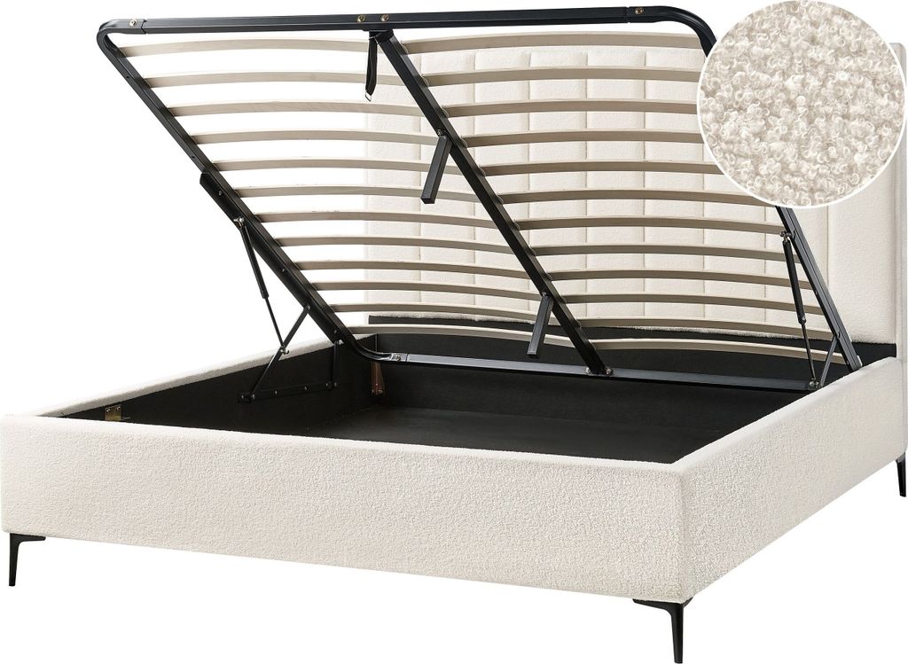 BELIANI Polsterbett Cremeweiß Bouclé Gesteppt mit Hohem Kopfteil Bettkasten Lattenrost 180x200 cm Hochklappbar für Schlafzimmer Doppelbett Ehebett
