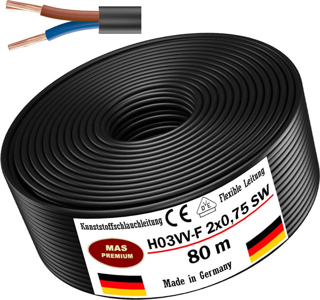 80m Kunststoffschlauchleitung H03VV-F2x0,75 Schwarz Flexible Leitung Gerätekabel