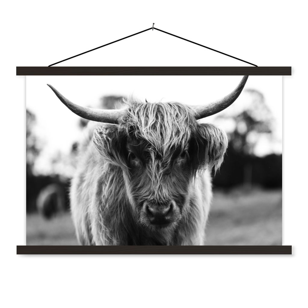 MuchoWow Textilposter Schottischer Highlander - Kuh - Gras - Tiere - Natur 60x40 cm mit schwarzem Rahmen - Hölzernes