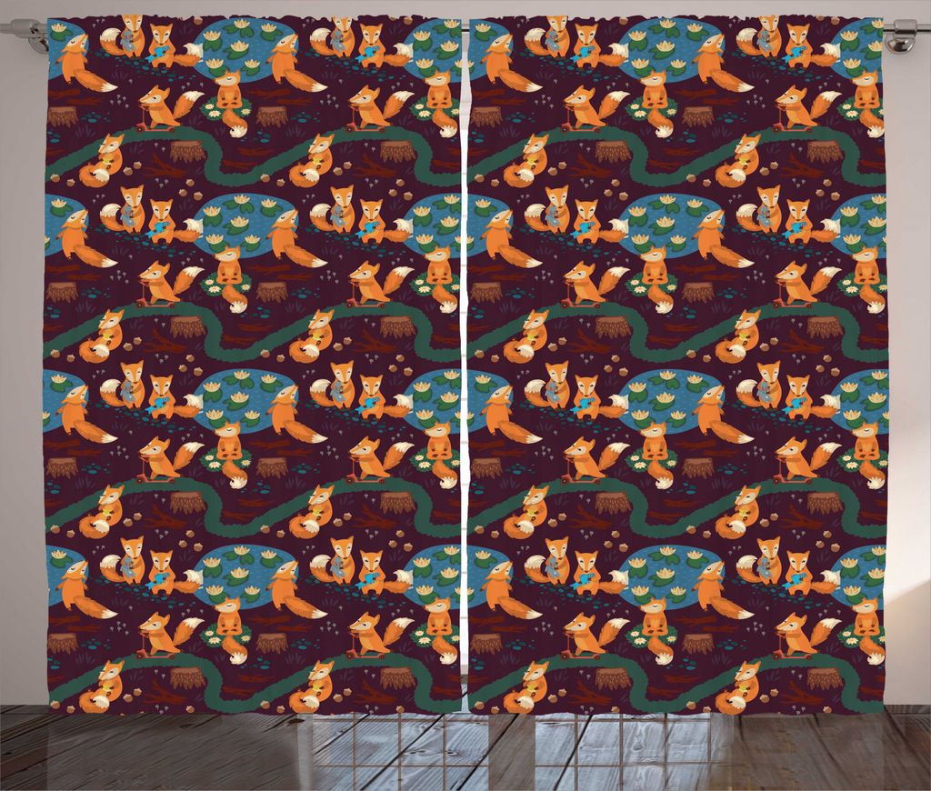 ABAKUHAUS Fuchs Rustikaler Gardine, Kleine Waldtiere Teich, Schlafzimmer Kräuselband Vorhang mit Schlaufen und Haken, 280 x 245 cm, Mehrfarbig