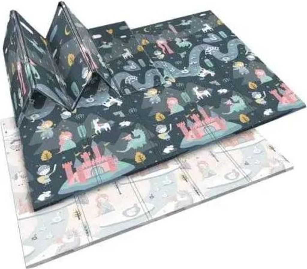 A folded play mat with a fantasy theme, showing castles, dragons, and fairy-tale characters.