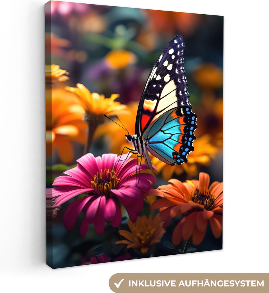 MuchoWow - Leinwandbilder - Schmetterling - Tier - Bunt - Blumen - Natur, Wandbild, Wanddeko Bilder Wohnzimmer, 30x40 cm