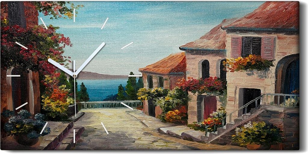 Wandbild Leinwand Bilder mit Uhr 60x30 Ölgemälde Stadt Himmel Gebäude Kunst - weiße Hände