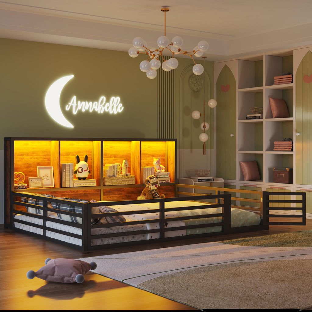 Merax Kinderbett 140x200 cm, mit Zäune, LED, Groß Ablagefächern, Bodenbett, Flachbett, Eisenbett, Jugendbett, Schwarz