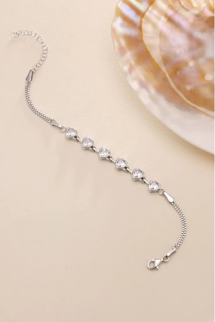 Gourmette Femme en Argent avec Cœur Serti de Cristaux de Zircone