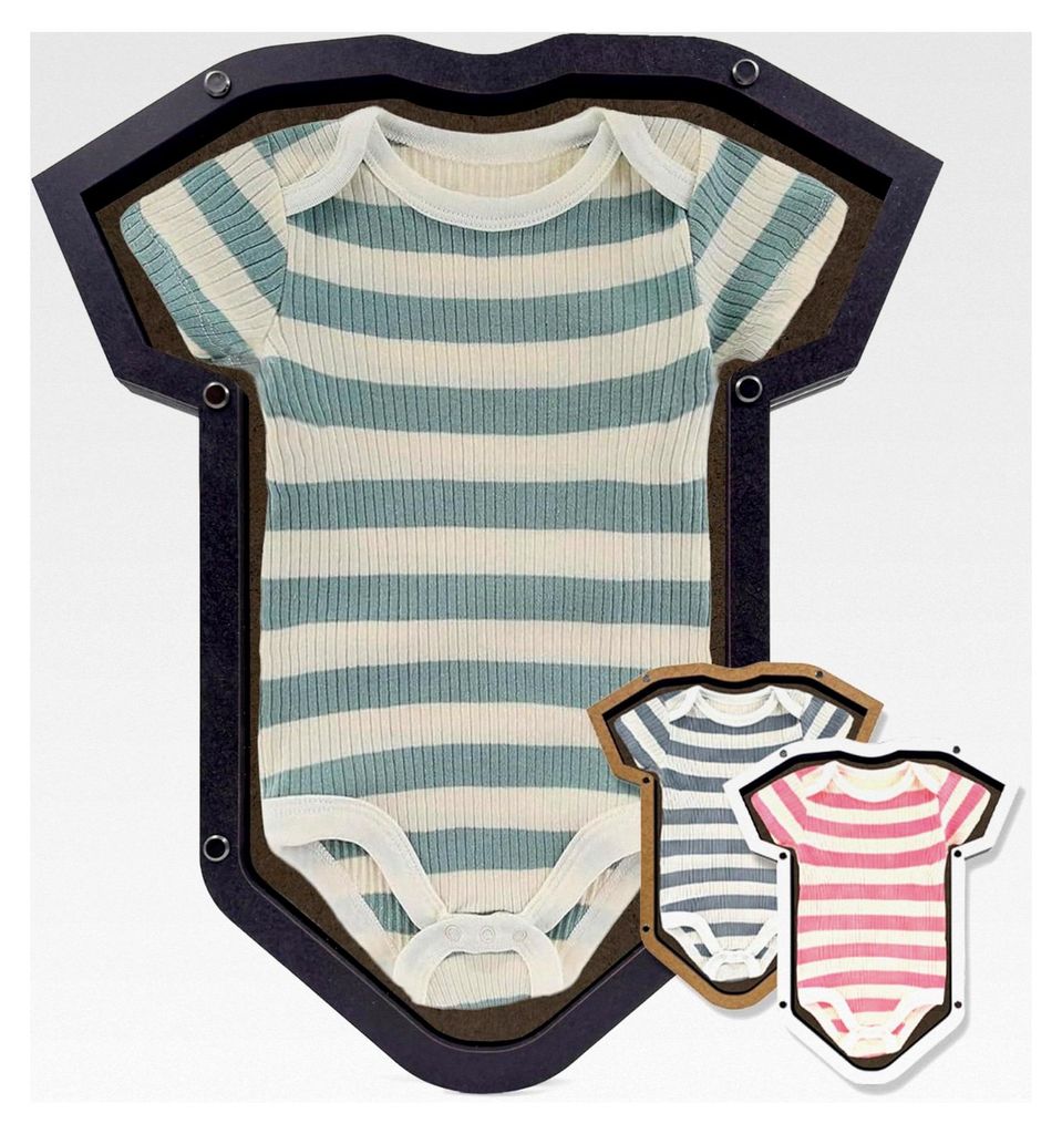 ShapeFrame Bilderrahmen für Babybody, Objektrahmen aus Holz mit 3D-Schattenfuge & Konturschnitt, stilvoller Erinnerungsrahmen mit Halterung