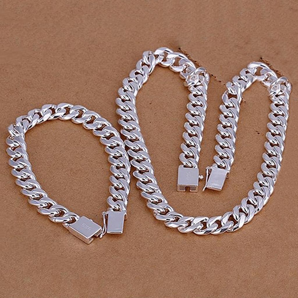 Modisches Herren-Schmuckset aus 925er-Sterlingsilber mit flacher seitlicher Halskette und Armband