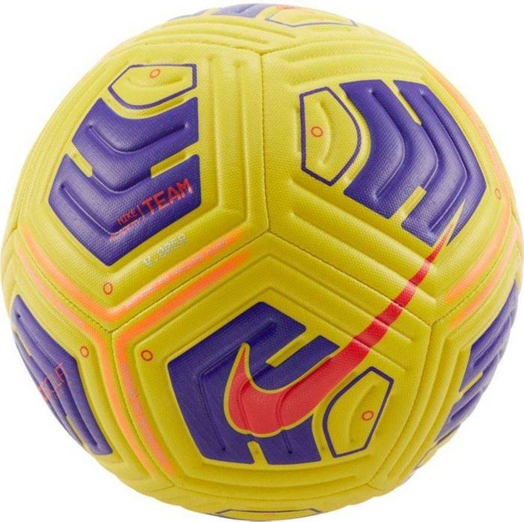 A close-up studio shot of a yellow Nike soccer ball with purple and orange accents.