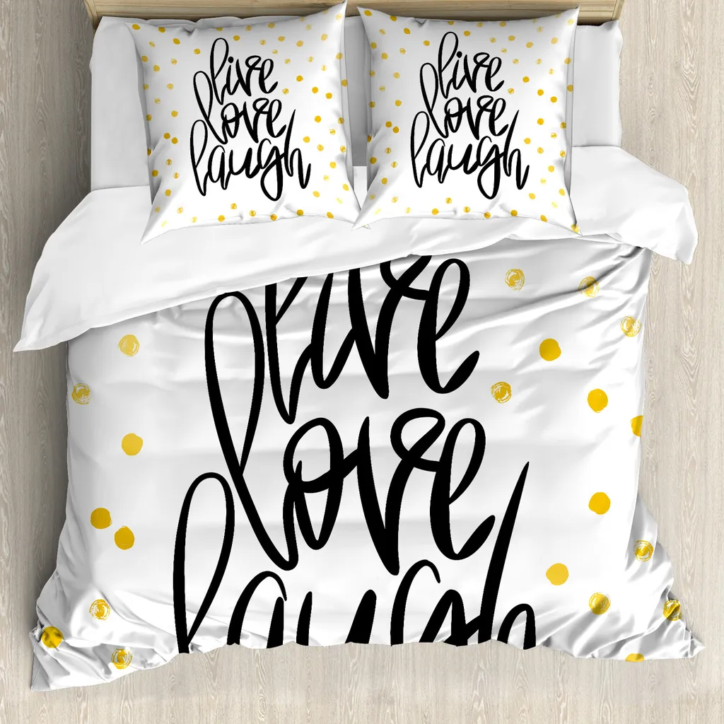 ABAKUHAUS Vivi, ridi, ama Copripiumino, Phrase Dots, antiacaro, adatto a chi soffre di allergie, con federe, 155 cm x 220 cm - 80 x 80 cm, nero, bianco, giallo