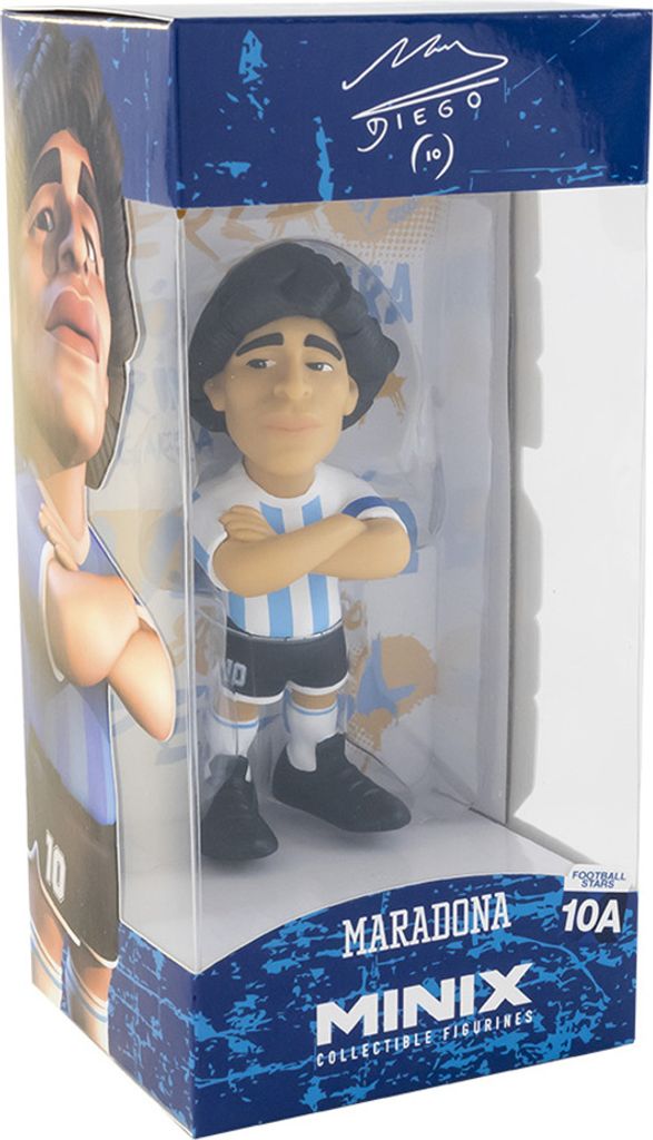 A collectible figurine of the football player Maradona in its original packaging.