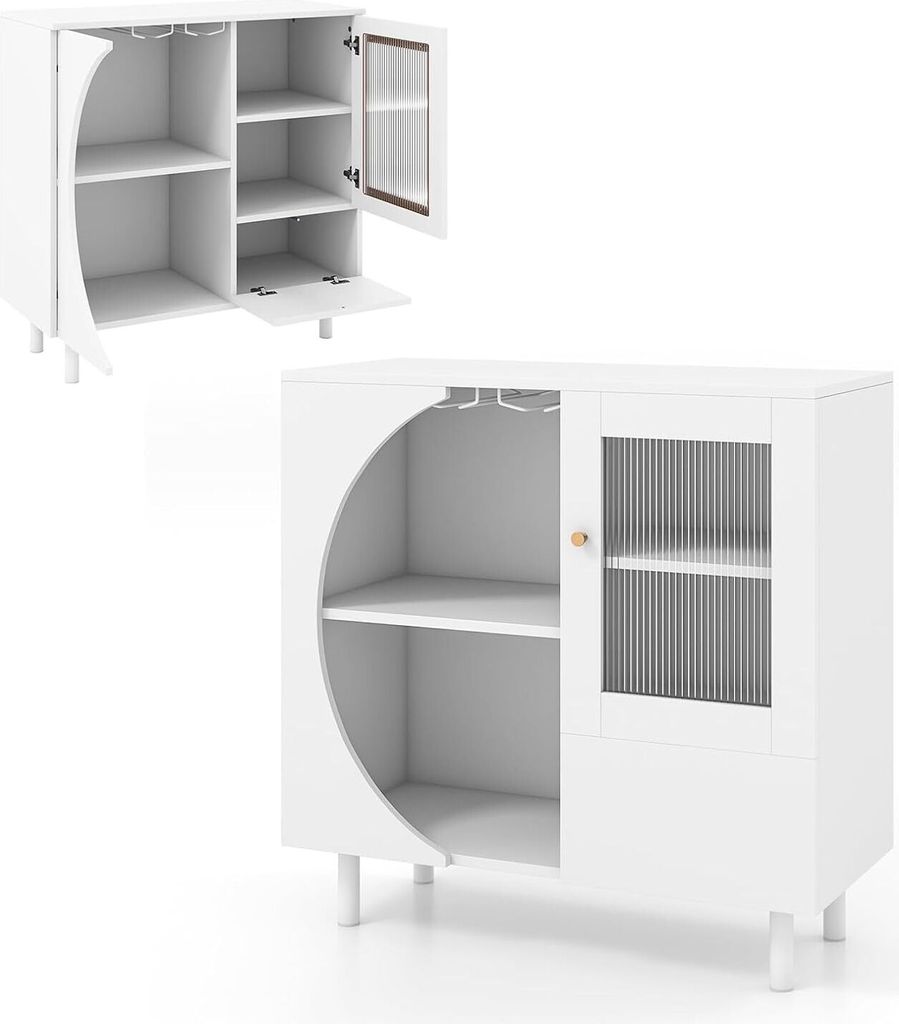 KOMFOTTEU Küchenschrank Sideboard Weiß, Küche Kommode mit Glastür, Buffetschrank mit Ablagen & Glashalter, Geschirrschrank 80 x 30 x 80 cm