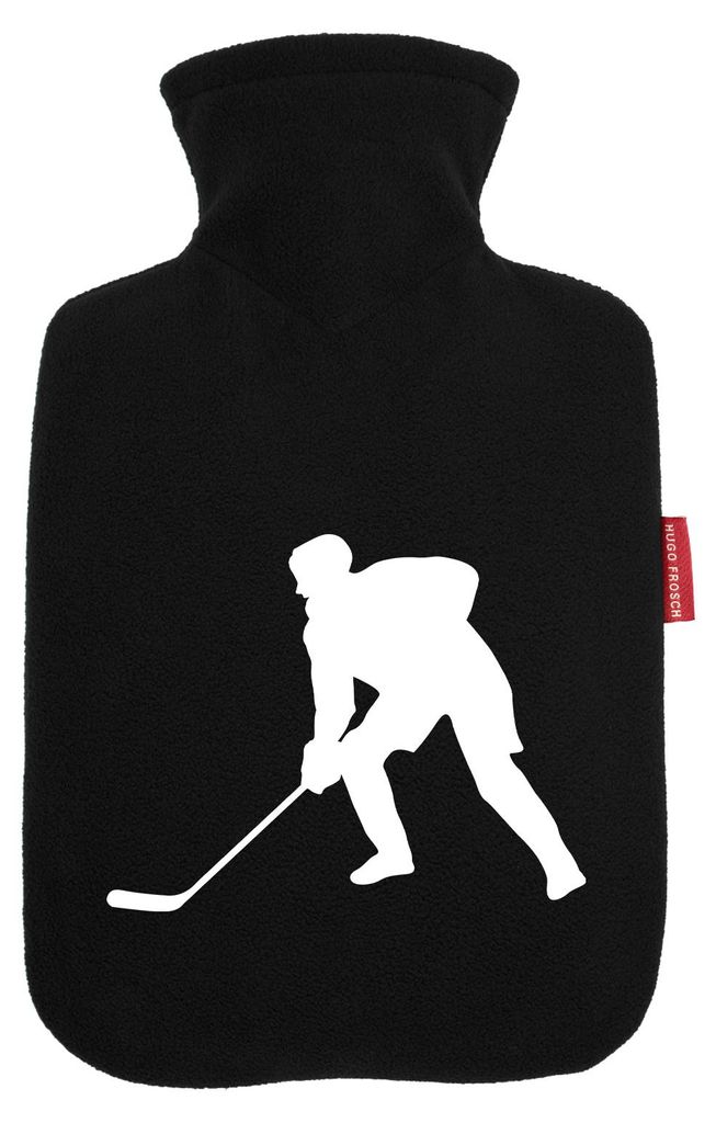 Huuraa Wärmflasche Eishockey Silhouette 1,8 Liter Black Classic Veloursbezug Bettflasche Geschenkidee