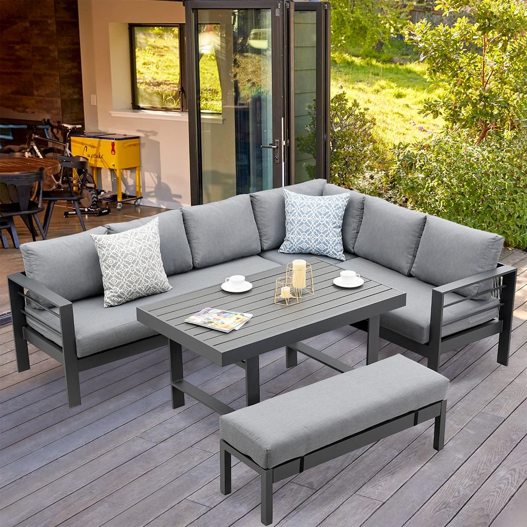 MEXO Gartenmöbel Set Aluminium 8 Personen, Modulares Gartenlounge-Set Gartensofas Ecklounge mit groß Tisch & Gartenbank, Wetterfest Outdoor-Loung...