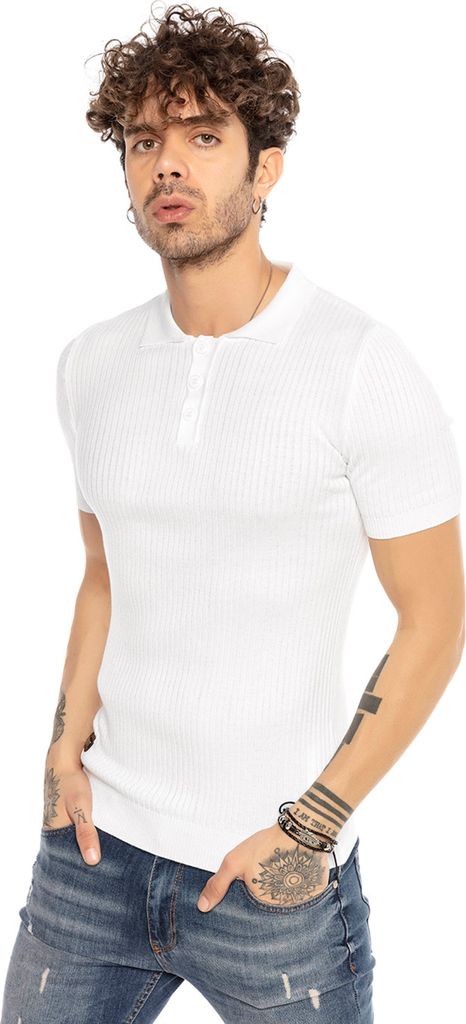 Red Bridge Herren Poloshirt Strick T-Shirt Super Slim Striped Weiß XXL